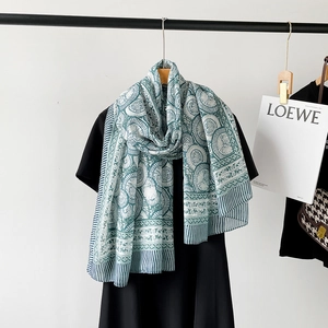 Detail of lightweight cotton linen scarf featuring teal geometric and floral shell patterns
