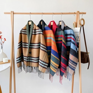 Damen Kaschmir-Imitat Karo Poncho Cape Schal Mit Knopf Quaste Winter Warm Gestreift Wrap Schal Für Damen