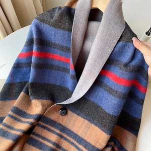 Nahaufnahme eines mehrfarbigen gestreiften Ponchos mit Knopfübersicht und Wolltextur