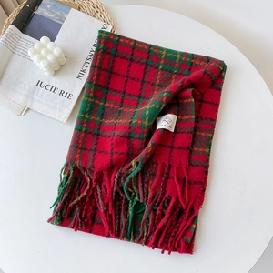 Detail of red and green plaid scarf with soft fringe trim and brand woven label