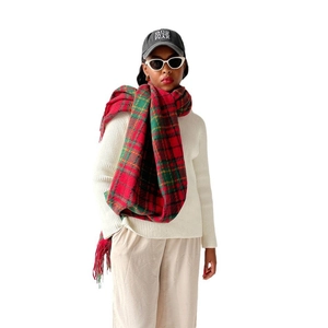 Classic red and green plaid bouclé shawl scarf with tassels for winter fashion