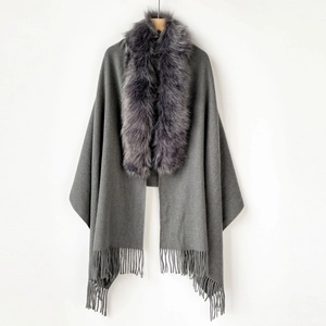 Deep grey cashmere-style shawl with faux fox fur collar and elegant tassel hem