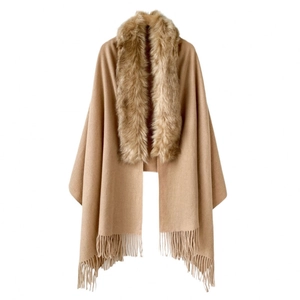 Elegant camel shawl with plush faux fur collar and long fringe tassels for winter