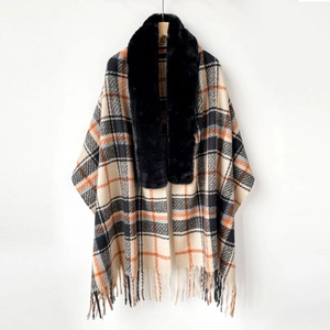 Plaid cashmere-like shawl with black faux fur collar and fringe hem for winter
