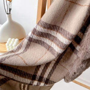 Plaid cashmere-like shawl with faux fox fur trim in brown and beige check pattern