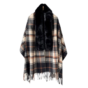 Plaid shawl poncho with black faux fur collar and fringe trim for winter warmth