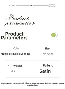 Detail specifications for 70x70cm satin scarf showing 36g weight and material data