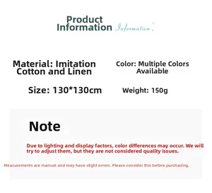 Detailed product specifications for 130cm solid color linen-like shawl scarf with size chart