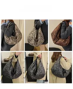 Three color variants of large leopard print hobo bags styled with different outfits