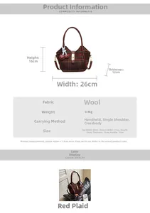 Tableau de dimensions détaillé pour le sac cabas en laine à carreaux rouges et détails