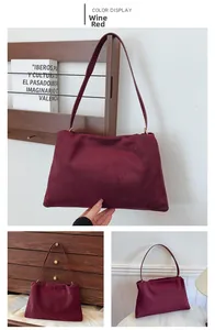 Three-panel view of wine red suede Boston bag with smooth matte finish and slim strap