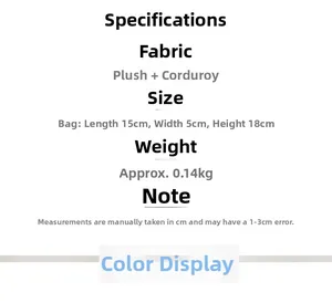 Specifiche dettagliate per borsa di peluche incluse dimensioni 15x5x18cm e peso 0.14kg