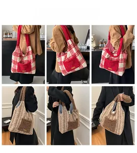 Detail view of plush red and brown plaid tote bags with soft textured pockets and handles