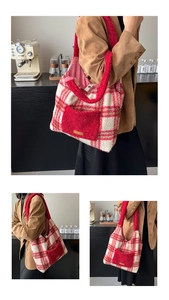 Close-up of plush red and white plaid tote bag featuring soft fleece texture and front pocket
