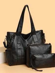 Conjunto de bolsos tote 3 en 1 negros para mujer en cuero PU texturizado con correas ajustables