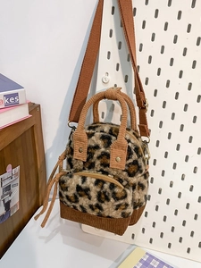 Borsa a Tracolla Mini in Peluche Leopardata da Donna Con Cuciture in Velluto a Coste Piccola Borsa a Mano con Nappa e Cerniera