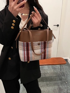 Sac Seau Vintage à Carreaux pour Femmes en Cuir PU et Tissu en Laine Sac à Bandoulière Rétro Automne Hiver Grande Capacité Tote Bag Sac à Main Quotidien