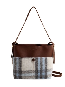 Sac seau vintage en cuir marron et tissu de laine avec bandoulière élégante