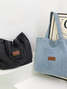 Large capacity canvas tote bags in dark grey and light blue with stylish leather patch