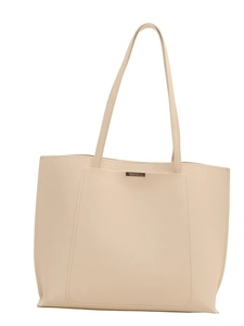 Large beige tote bag for women featuring long shoulder straps and front pocket