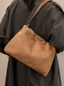 Caramel brown suede Boston bag for women, stylish large capacity shoulder hobo bag