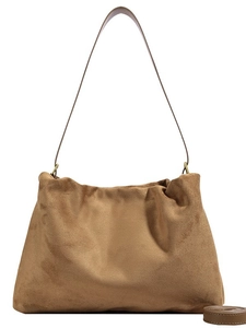 Retro caramel suede Boston bag with leather shoulder straps and minimalist design