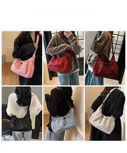 Detailed views of sequined corduroy tote bags in five colors with drawstring design