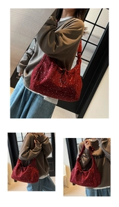 Detail view of burgundy corduroy tote bag featuring sparkling sequins and adjustable drawstring