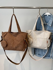Women Large Capacity Corduroy Tote Bag Literary Retro Shoulder Bag With Small Round Pouch Casual Commuting Crossbody Bag