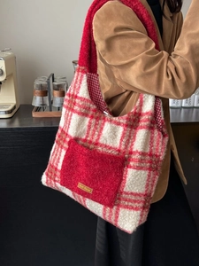 Winter red checkered plush tote bag with furry pocket and vintage shoulder strap style