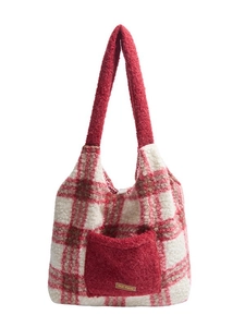 Winter red plaid plush tote bag with fuzzy texture and front pocket for women