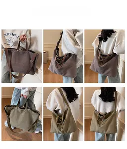 Collage of coffee and green large canvas tote bags showing crossbody and handbag styles