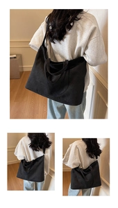 Detailed views of a black canvas tote bag showing the thick material and sturdy shoulder straps