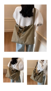 Three-way view of olive green canvas tote bag showing top handle and shoulder strap