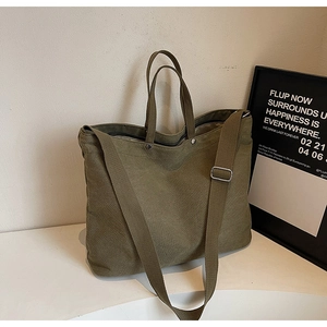 Detail of military green canvas tote bag showing high-density texture and strap