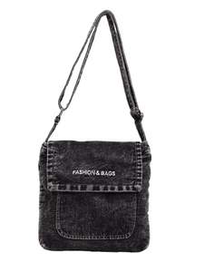 Borsa a tracolla minimalista in denim nero lavato con tracolla regolabile e ricamo