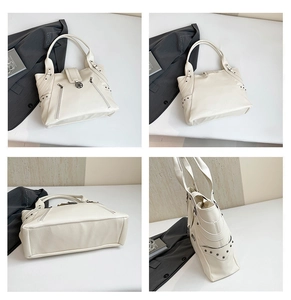Detailed views of cream white PU leather tote with zipper accents and rivet details