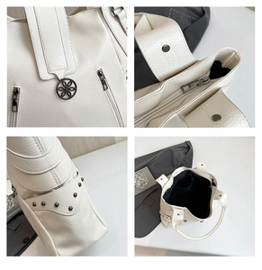 Detailed views of beige PU tote bag featuring lychee texture, studs and interior pockets