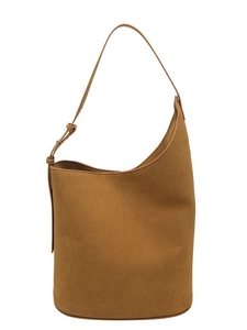 Minimalist brown suede bucket shoulder bag with adjustable strap and curved opening
