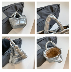 Detailed views of silver quilted puffer tote bag with metallic finish and magnetic closure