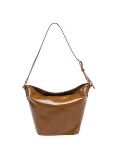 Deep brown glossy leather hobo shoulder bag with adjustable strap on white background