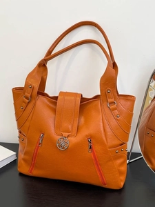 Women Fashion PU Leather Tote Bag Large Capacity Multi Functional Shoulder Bag With Zipper Rivets Decorative Flower Pendant