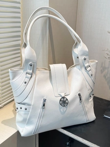 Chic white lychee pattern PU leather tote bag with functional zippers and rivet details
