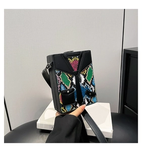 Detail of creative suit-style hard shell crossbody bag with colorful snakeskin leather