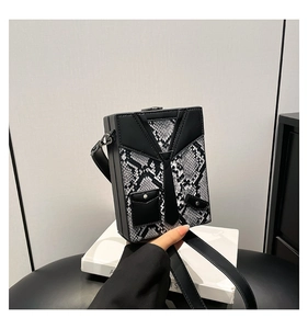 Detailed view of creative tuxedo-style box bag with python print and tie detail