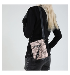 Detailed back view of pink snakeskin pattern bag featuring black metal zipper and chain strap