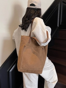 Vintage brown washed canvas tote bag with large pocket and dual straps for women and men