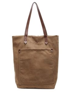 Retro washed canvas tote bag in brown with leather handles and large front pocket
