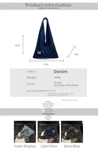 Detailed size specifications for denim hobo bag with shoulder strap measurements