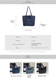 Detailed dimensions and specifications of the lightweight vintage denim tote bag in three colors